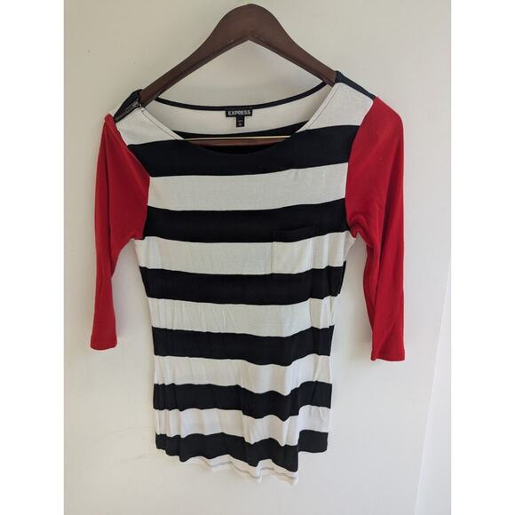 EXPRESS SZ L Cotton/Rayon Top Red/Navy/White Blouse Shirt 3/4 Sleeves Patriotic - Picture 1 of 7